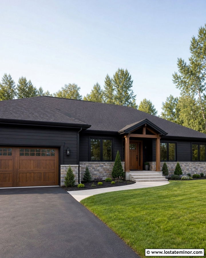 Black Ranch House With Stone Accents - 30 Black House Design With Siding Ideas
