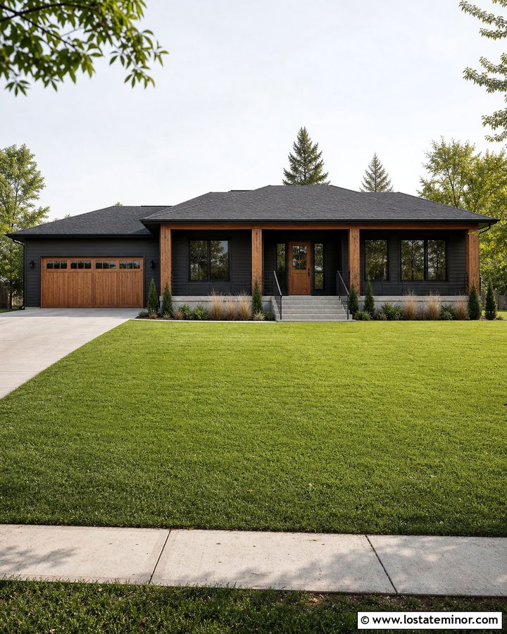 Black Ranch House With Timber Porch Columns - 30 Black House Design With Porch Columns Ideas