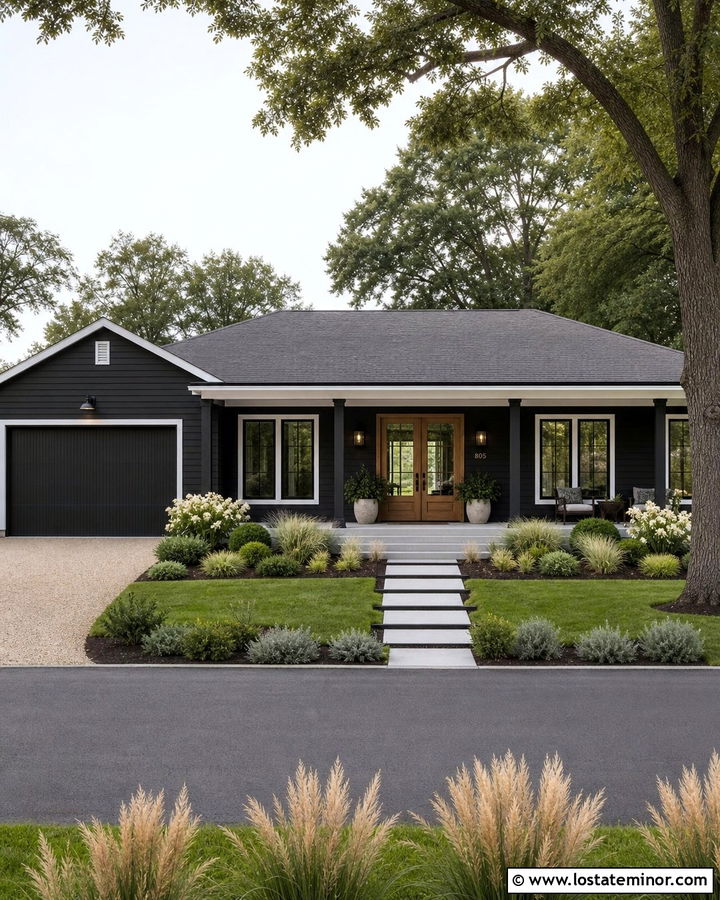 Black Ranch House With White Beadboard Porch Ceiling - 30 Black House Design With Porch Ceiling Ideas
