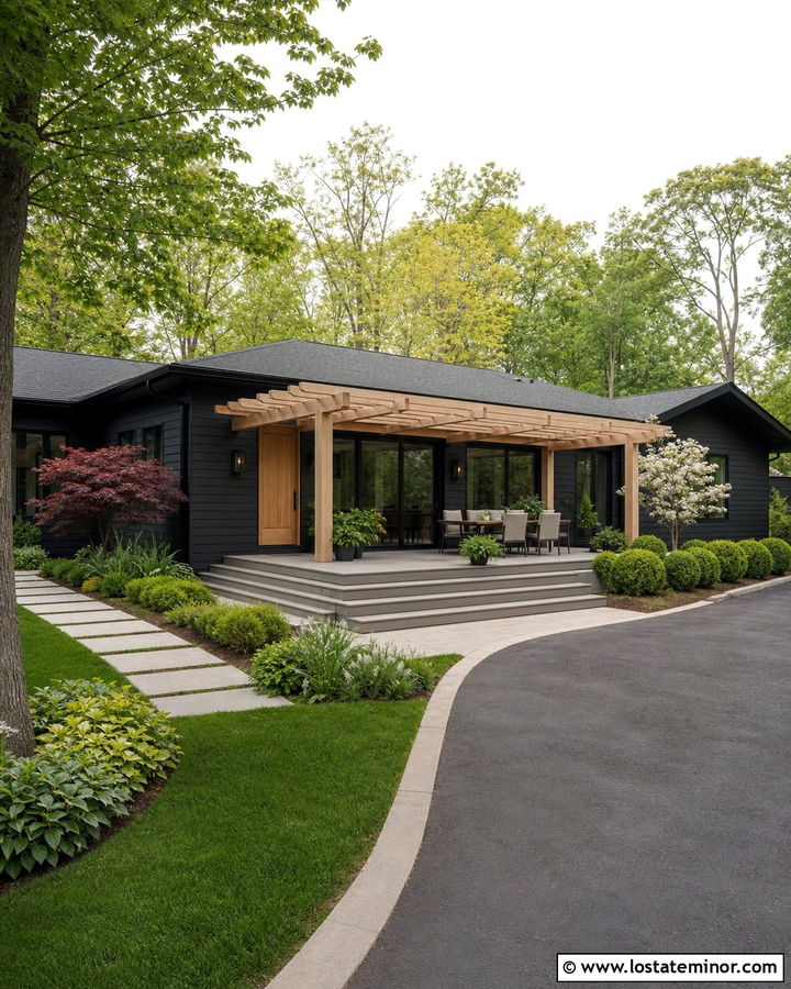 Black Ranch House With White Oak Pergola - 30 Black House Design With Pergola Ideas