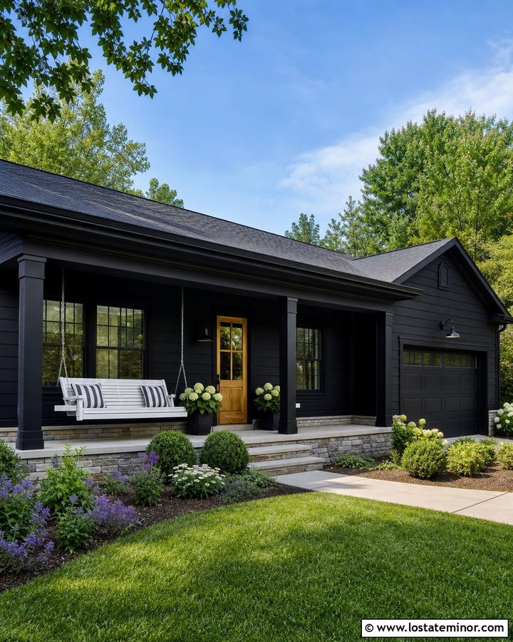 Black Ranch House With White Porch Swing - 30 Black House Design With Swing Ideas