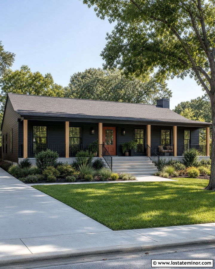 Black Ranch House With Wide Front Porch - 30 Black House Design With Front Porch Ideas