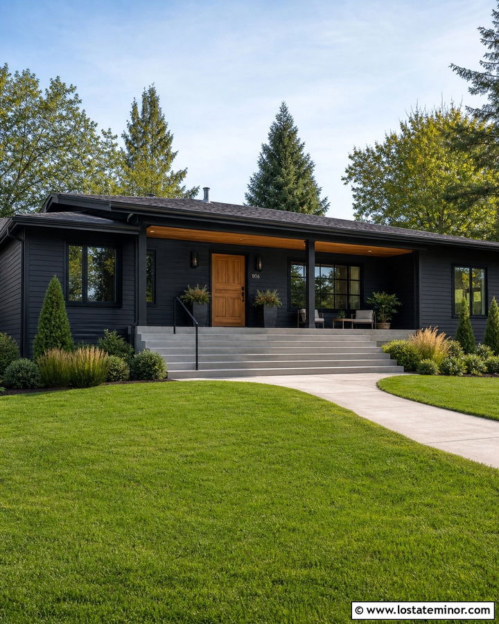 Black Ranch House With Wide Steps - 30 Black House Design With Steps Ideas
