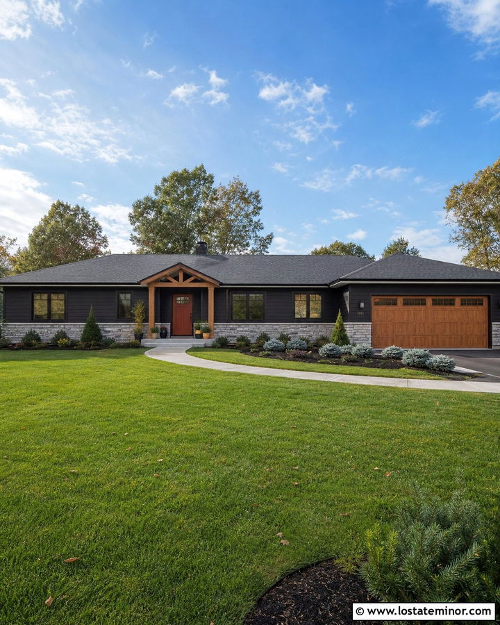 Black Ranch House With Wood Awning - 30 Black House Design With Awning Ideas