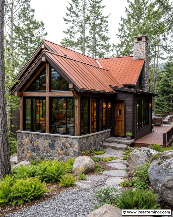 Black Rustic Cabin With Stone Sunroom - 30 Black House Design With Sunroom Ideas