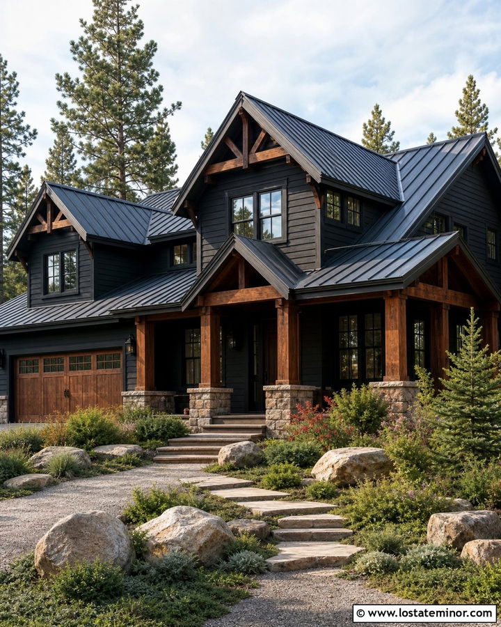 Black Rustic House With Boulder Front Yard - 30 Black House Design With Front Yard Ideas