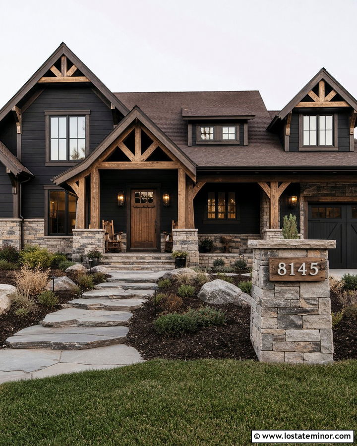 Black Rustic House With Timber Number Plaque - 30 Black House Design With House Numbers Ideas