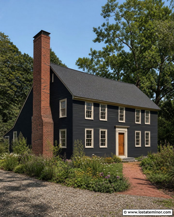 Black Saltbox House With Antique Brick Chimney - 30 Black House Design With Brick Accents Ideas