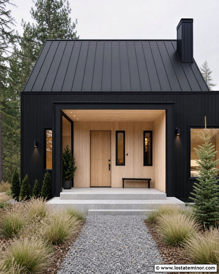 Black Scandinavian House With Ash Wood Porch Ceiling - 30 Black House Design With Porch Ceiling Ideas