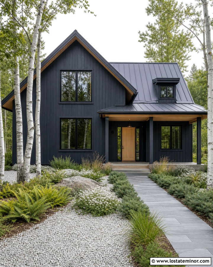 Black Scandinavian House With Birch Tree Yard - 30 Black House Design With Front Yard Ideas