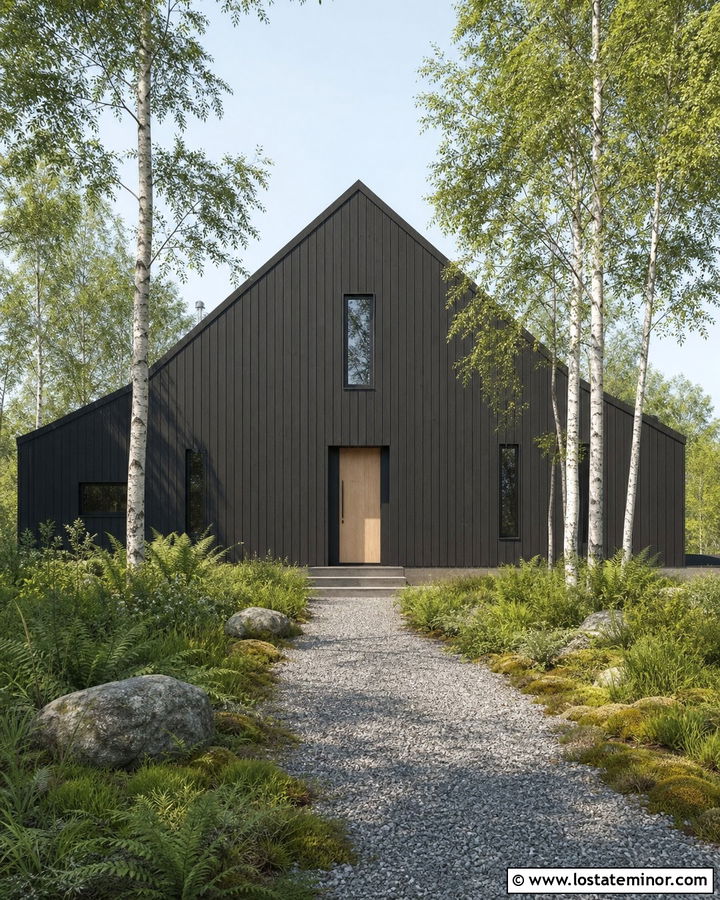 Black Scandinavian House With Birch Trees - 30 Black House Design With Landscaping Ideas