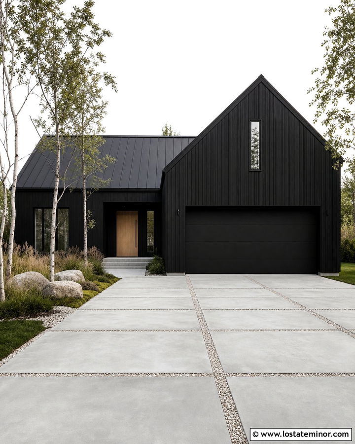 Black Scandinavian House With Concrete Grid Driveway - 30 Black House Design With Driveway Ideas