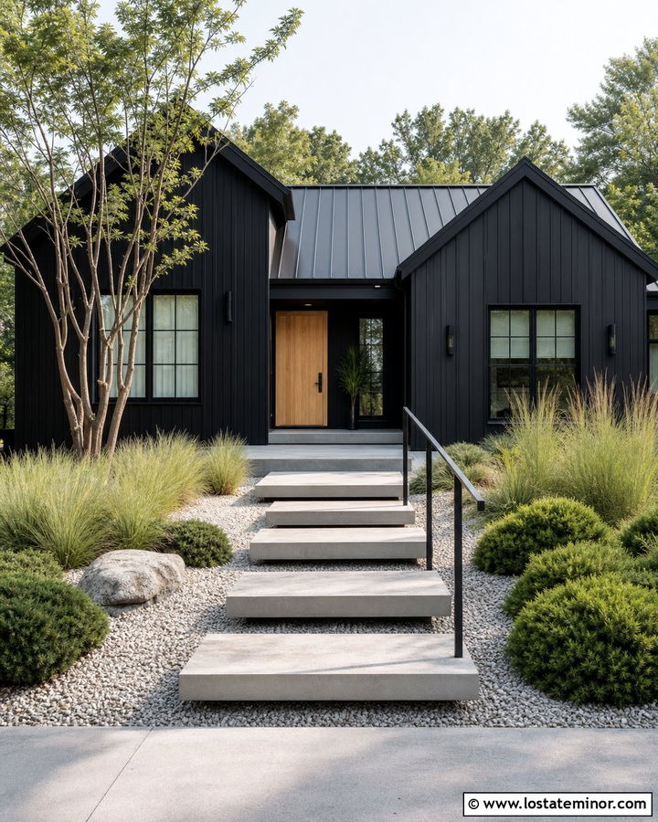 Black Scandinavian House With Floating Steps - 30 Black House Design With Steps Ideas
