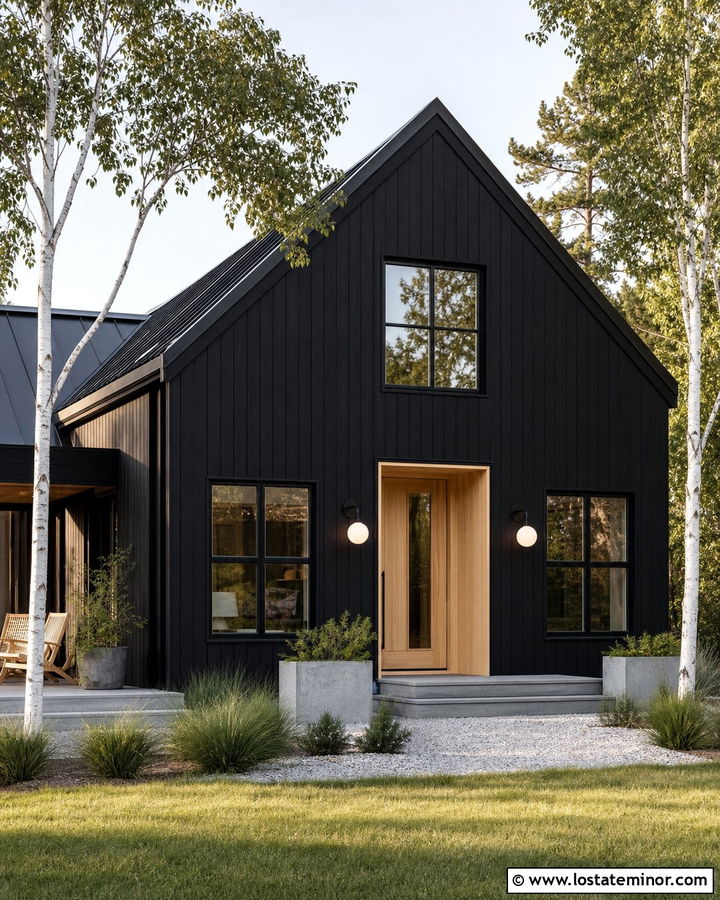 Black Scandinavian House With Globe Sconces - 30 Black House Design With Light Fixtures Ideas