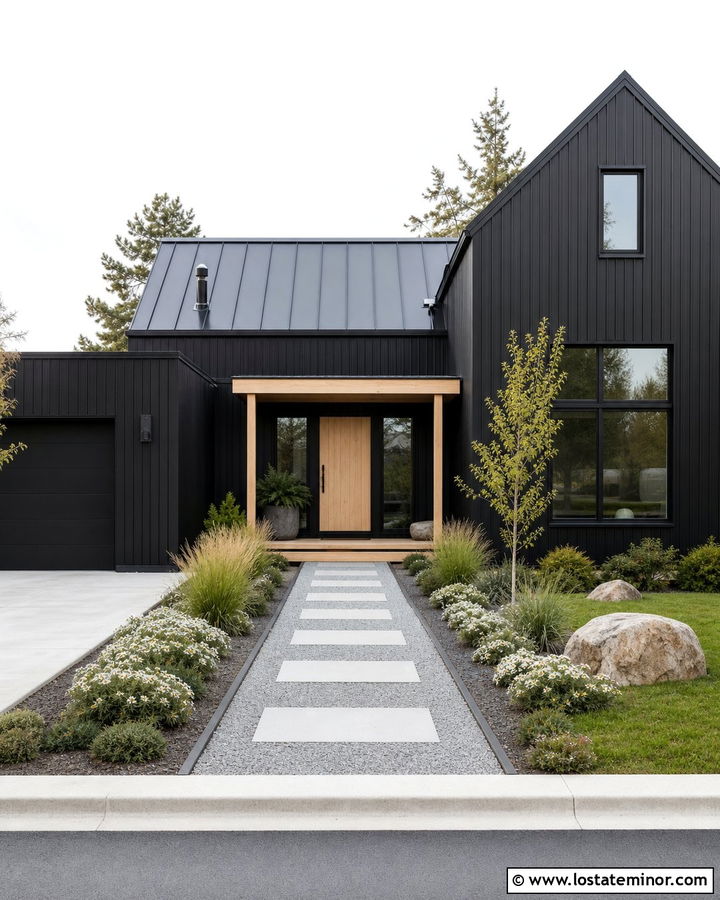 Black Scandinavian House With Gravel Walkway - 30 Black House Design With Walkway Ideas