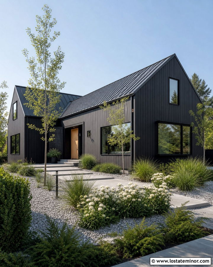 Black Scandinavian House With Minimal Window Boxes - 30 Black House Design With Window Boxes Ideas