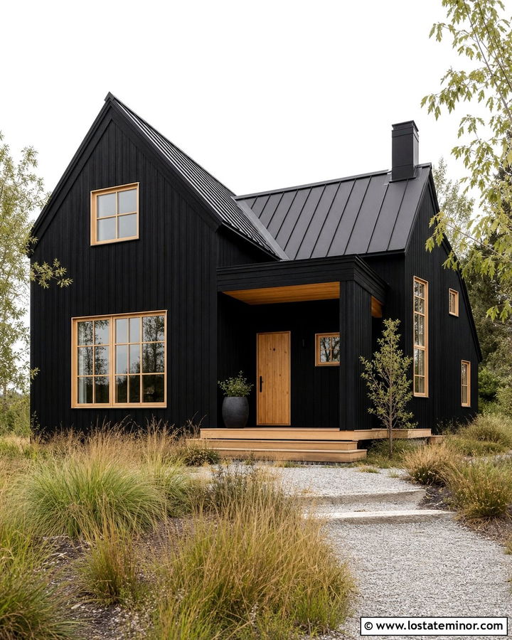 Black Scandinavian House With Natural Pine Window Frames - 30 Black House Design With Window Frames Ideas