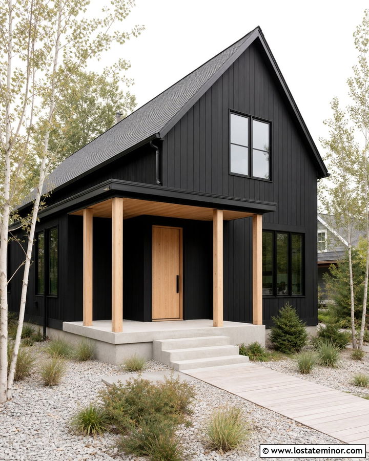 Black Scandinavian House With Natural Wood Posts - 30 Black House Design With Porch Columns Ideas