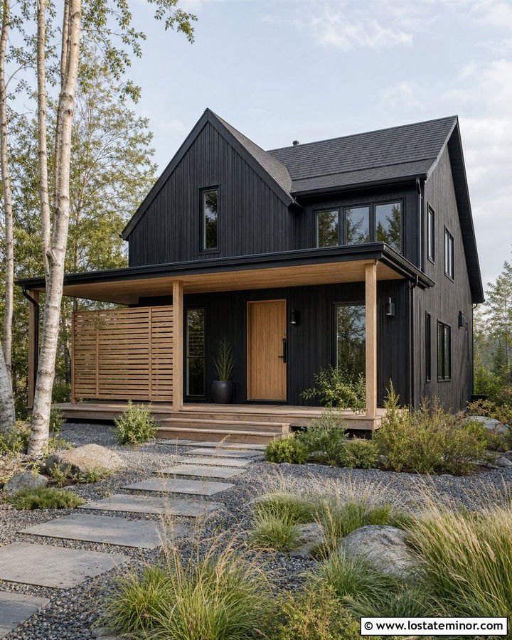 Black Scandinavian House With Pale Wood Deck - 30 Black House Design With Deck Ideas