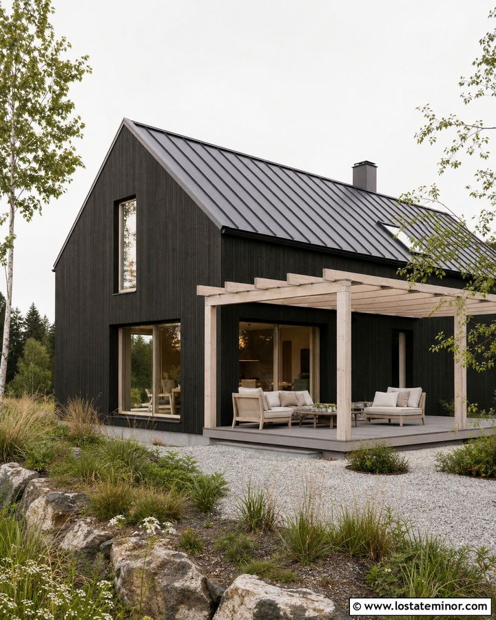 Black Scandinavian House With Pine Pergola - 30 Black House Design With Pergola Ideas