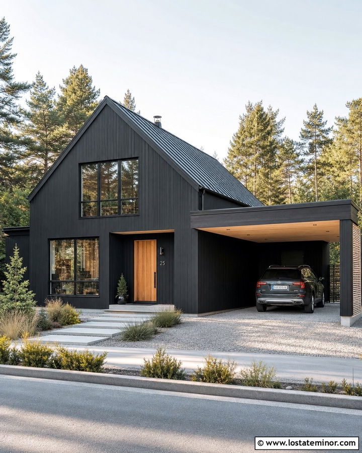 Black Scandinavian House With Side Carport - 30 Black House Design With Carport Ideas
