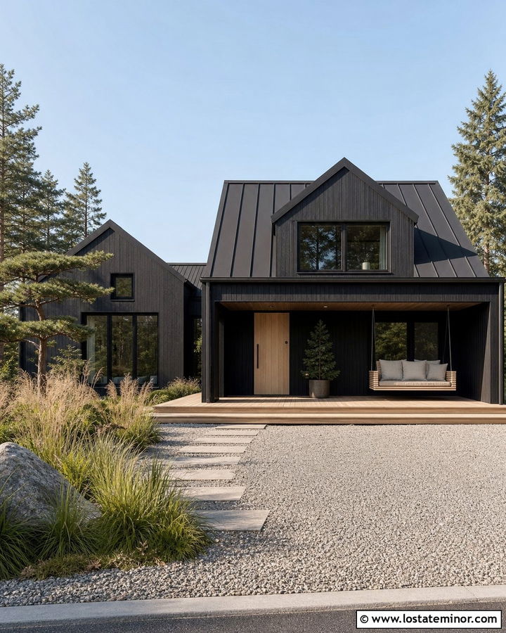 Black Scandinavian House With Slatted Swing - 30 Black House Design With Swing Ideas