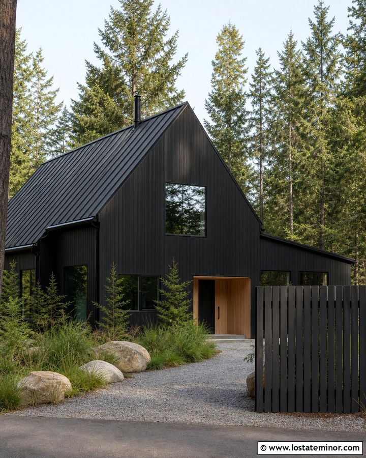 Black Scandinavian House With Vertical Wood Fence - 30 Black House Design With Fence Ideas