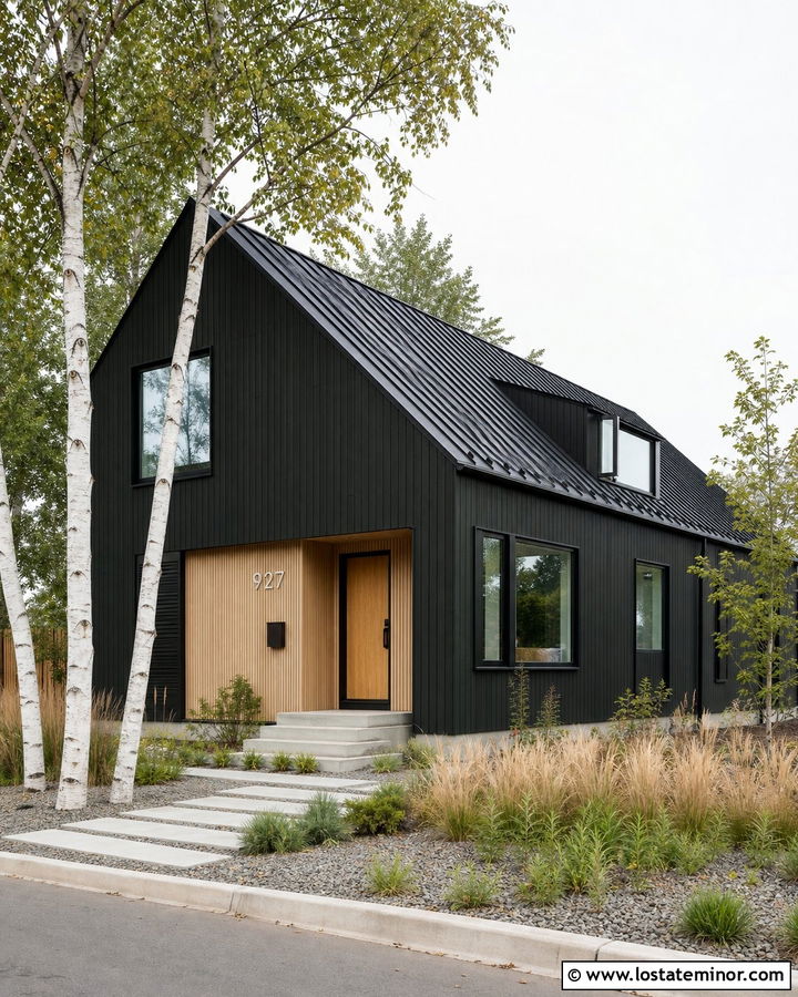 Black Scandinavian House With Wood House Numbers - 30 Black House Design With House Numbers Ideas