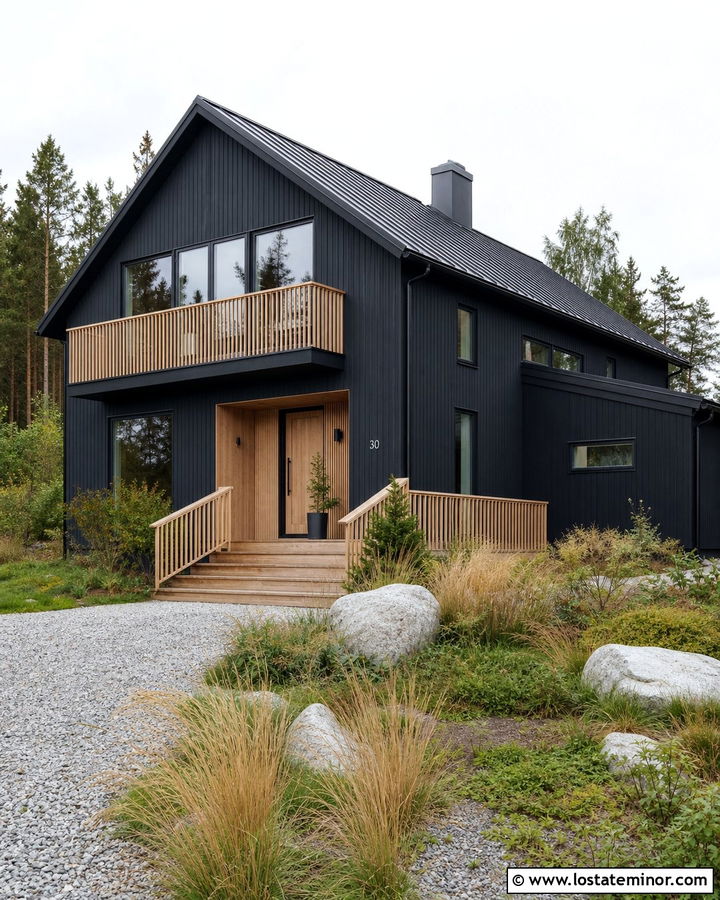 Black Scandinavian House With Wood Railings - 30 Black House Design With Railings Ideas