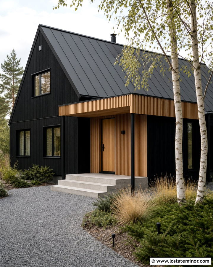 Black Scandinavian House With Wood Slat Awning - 30 Black House Design With Awning Ideas