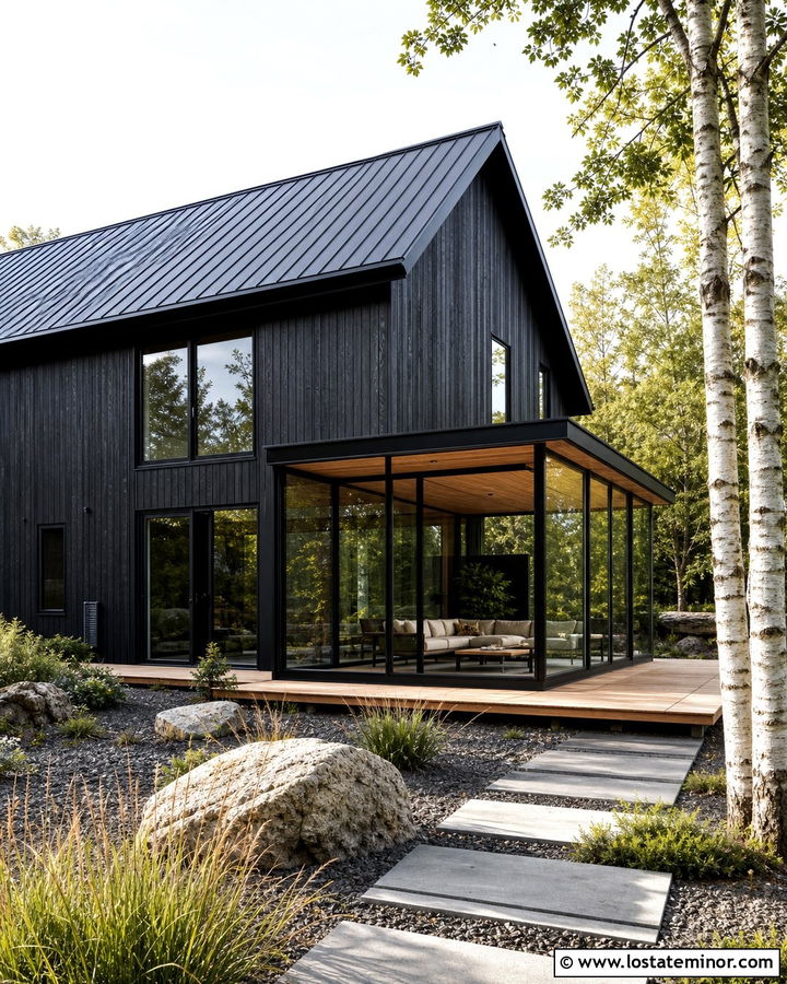 Black Scandinavian House With Wood Sunroom - 30 Black House Design With Sunroom Ideas