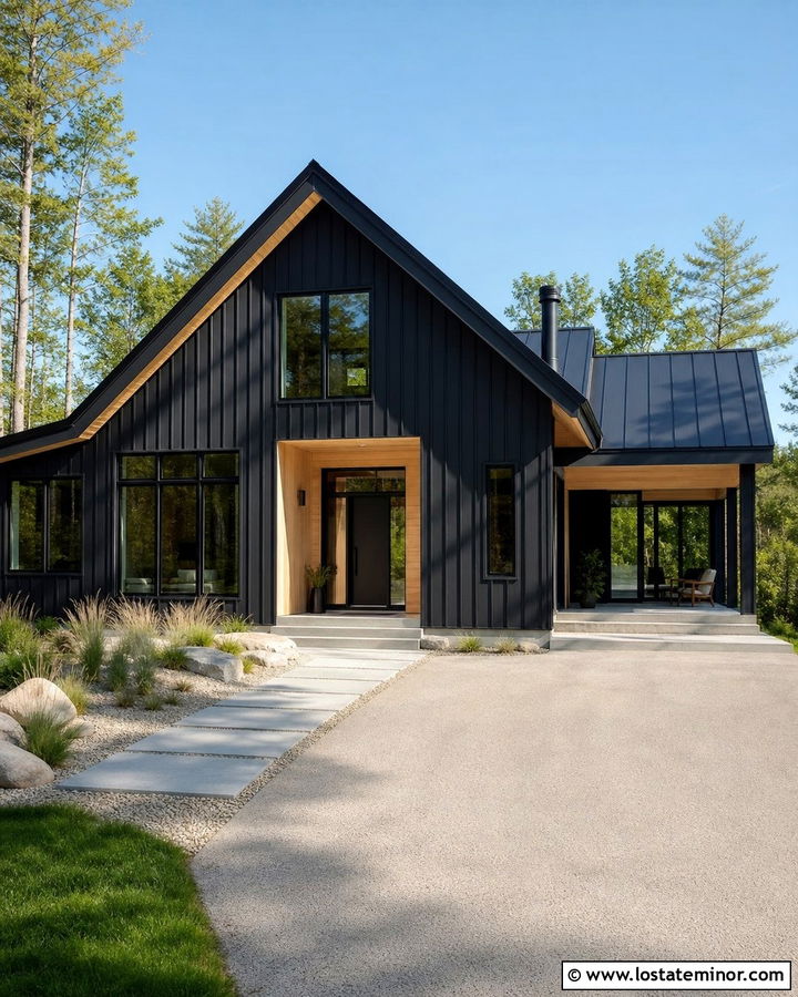 Black Scandinavian House With Wood Trim - 30 Black House Design With Trim Ideas