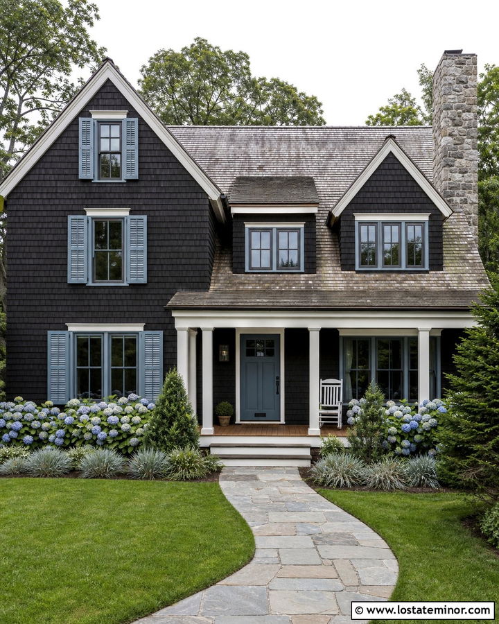 Black Shingle House With Blue Window Frames - 30 Black House Design With Window Frames Ideas