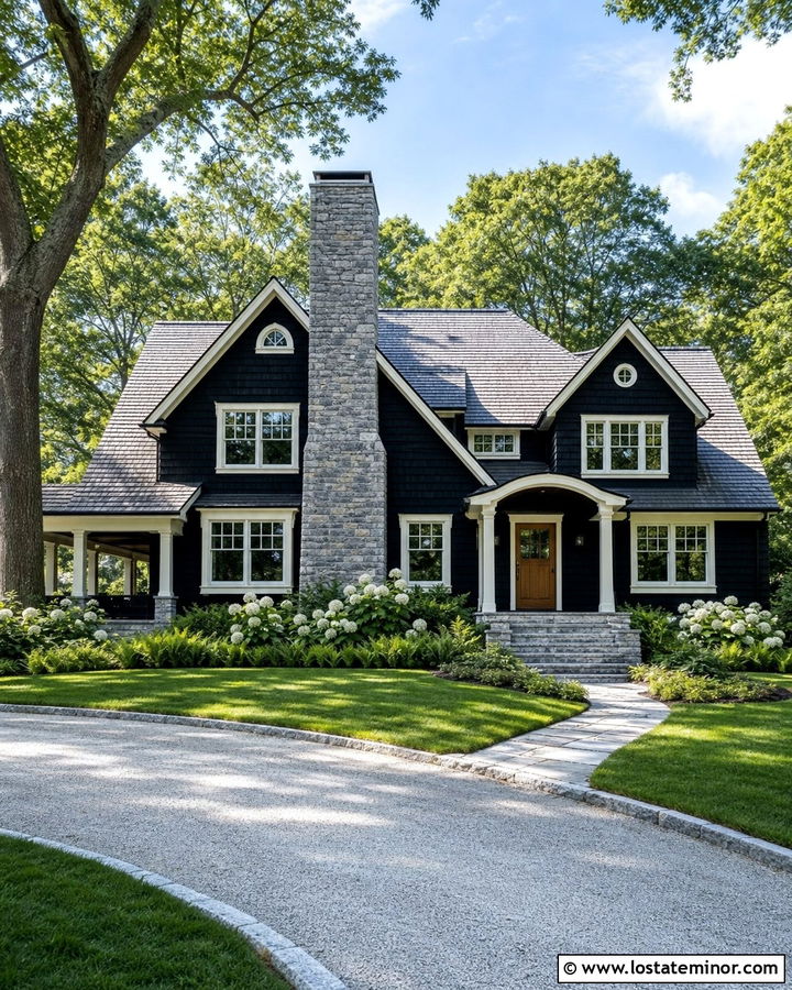 Black Shingle House With Granite Chimney - 30 Black House Design With Chimney Ideas
