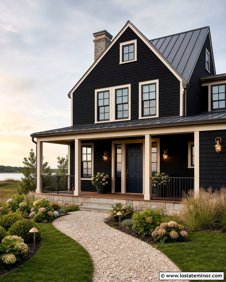 Black Shingle House With Nautical Lights - 30 Black House Design With Lighting Ideas