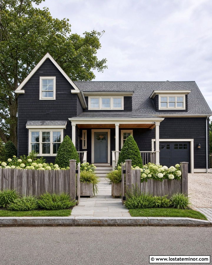 Black Shingle House With Weathered Cedar Fence - 30 Black House Design With Fence Ideas