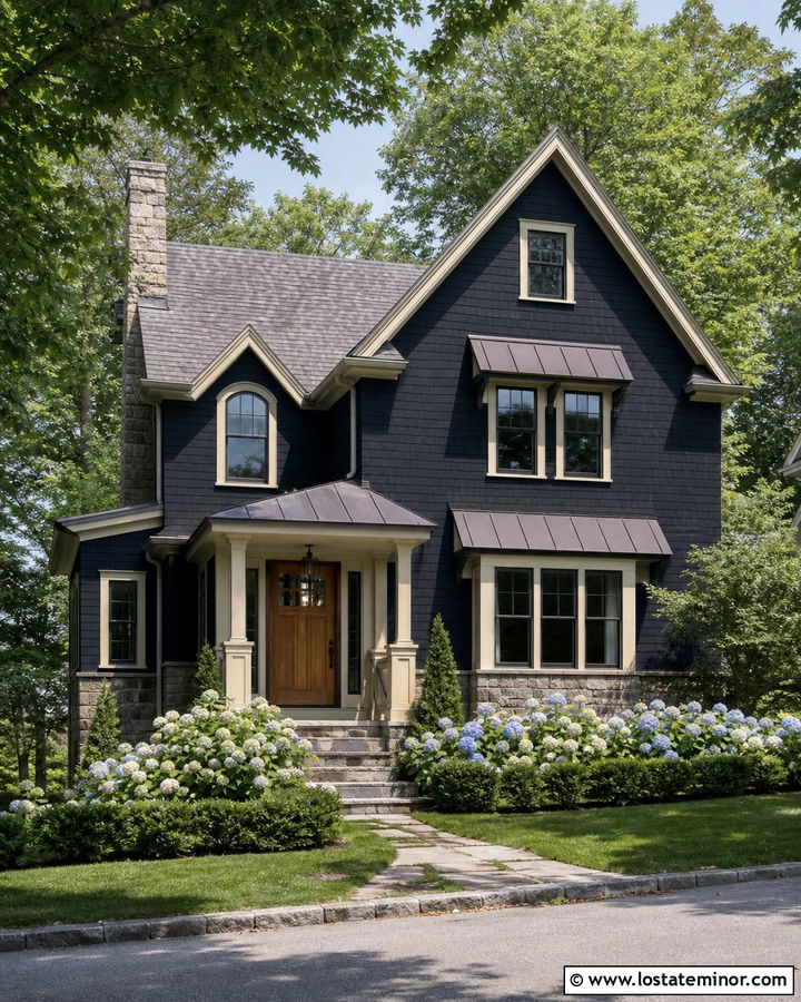 Black Shingle House With Window Awnings - 30 Black House Design With Awning Ideas