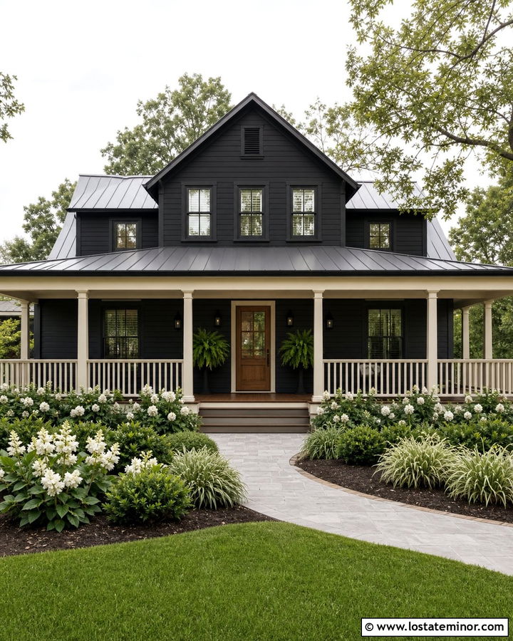 Black Shiplap House With Wraparound Porch - 30 Black House Design With Siding Ideas