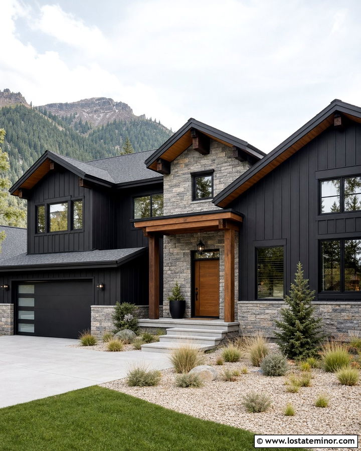 Black Siding And Stacked Stone House - 30 Stone House Design With Siding Ideas