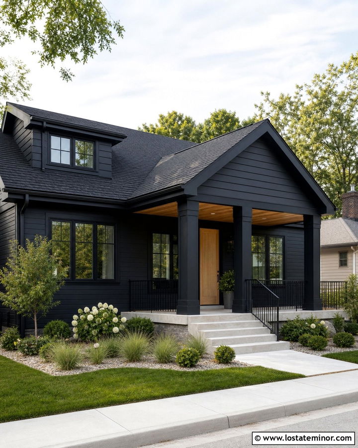 Black Siding House With Black Porch Columns - 30 Black House Design With Porch Columns Ideas