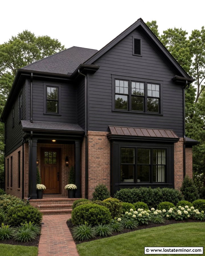 Black Siding House With Red Brick - 30 Black House Design With Siding Ideas