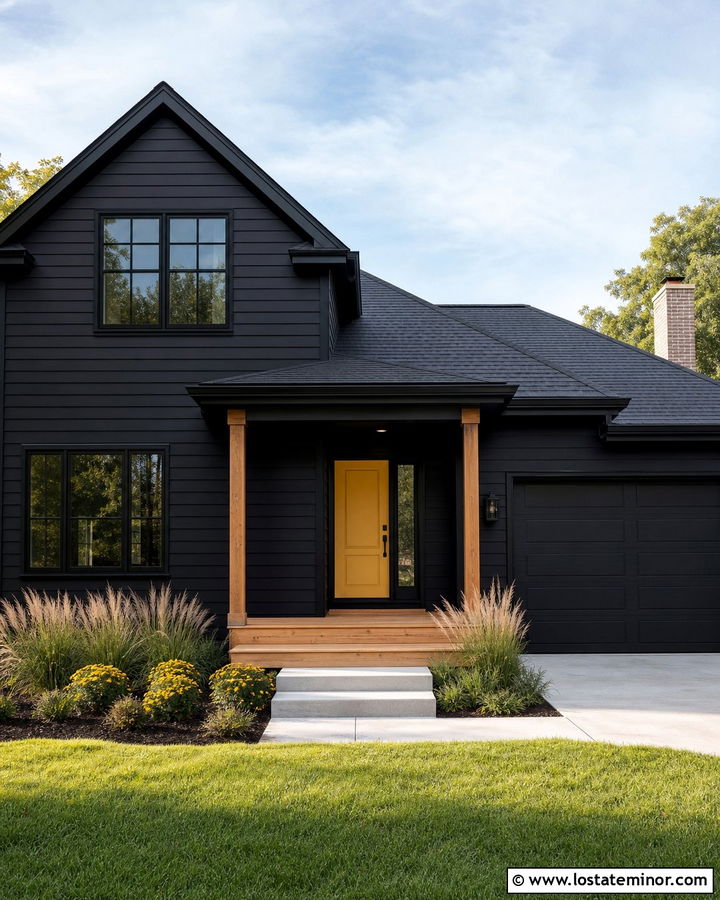 Black Siding House With Yellow Front Door - 30 Black House Design With Siding Ideas