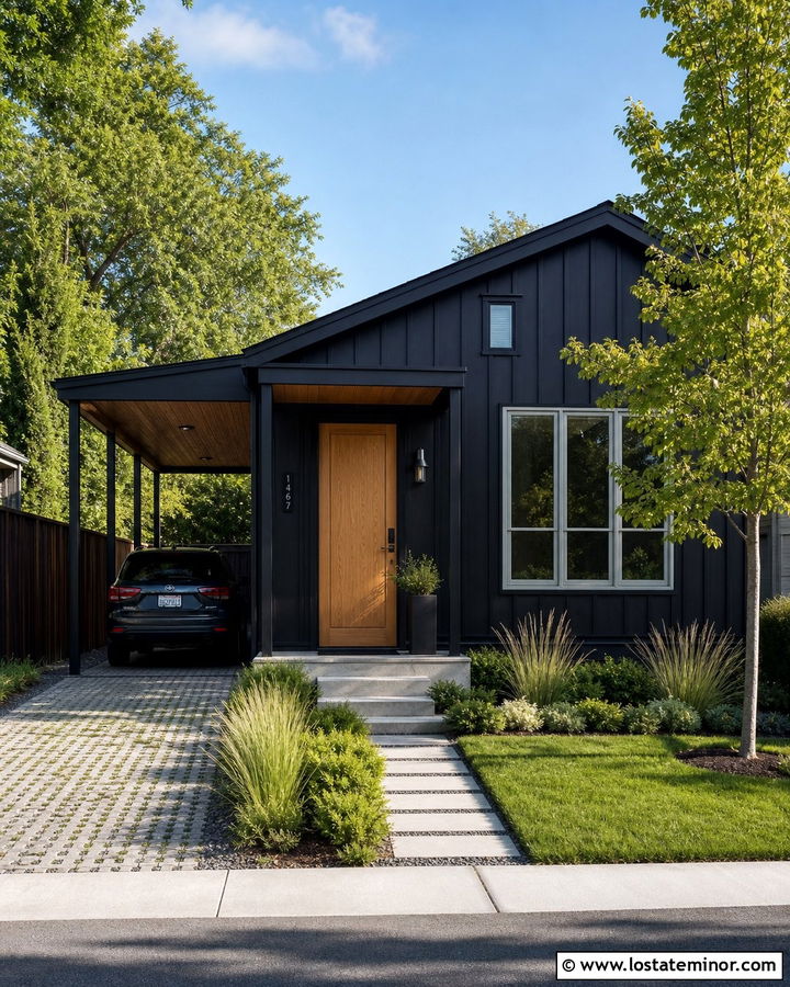 Black Small House With Compact Carport - 30 Black House Design With Carport Ideas