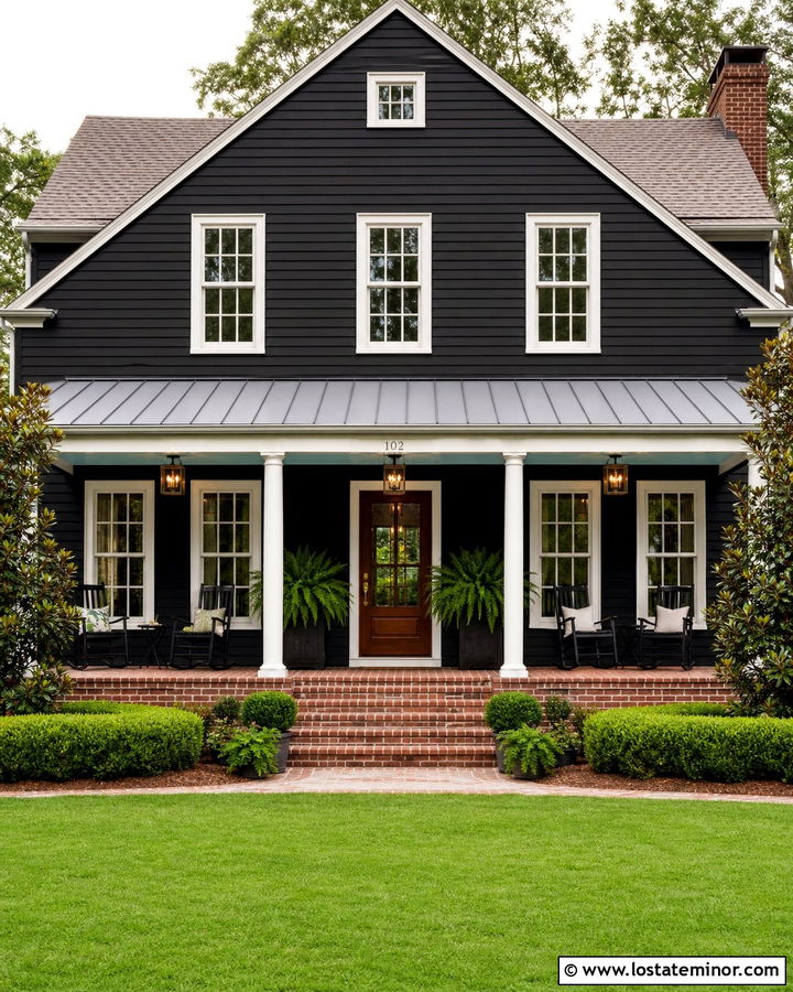Black Southern House With Deep Porch Awning - 30 Black House Design With Awning Ideas