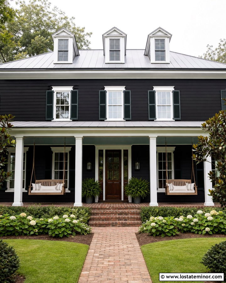 Black Southern House With Double Porch Swings - 30 Black House Design With Swing Ideas