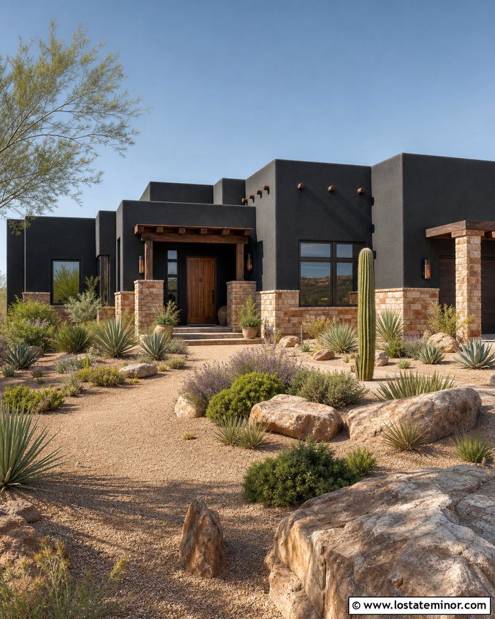 Black Southwestern House With Tan Stone Wainscoting - 30 Black House Design With Wainscoting Ideas