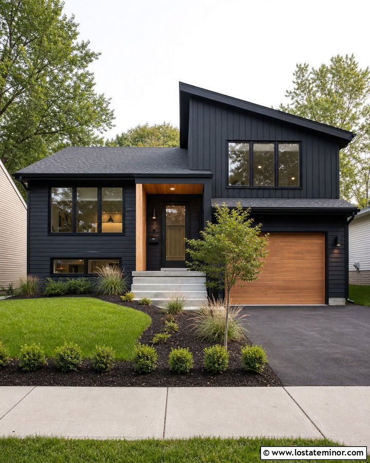 Black Split Level House With Asymmetrical Dormers - 30 Black House Design With Dormers Ideas