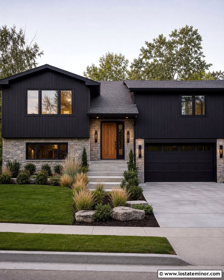 Black Split Level House With Box Sconces - 30 Black House Design With Light Fixtures Ideas