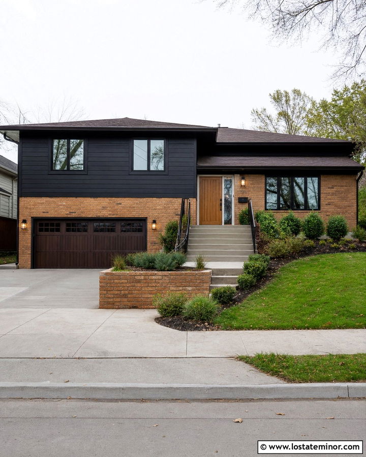 Black Split Level House With Brown Brick - 30 Black House Design With Brick Accents Ideas