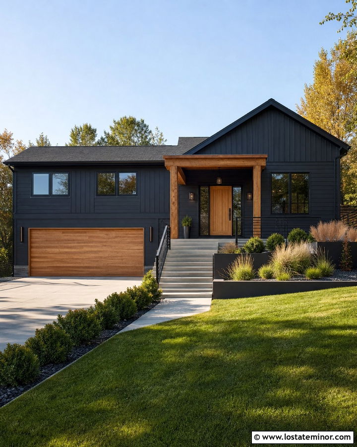 Black Split Level House With Cedar Columns - 30 Black House Design With Porch Columns Ideas